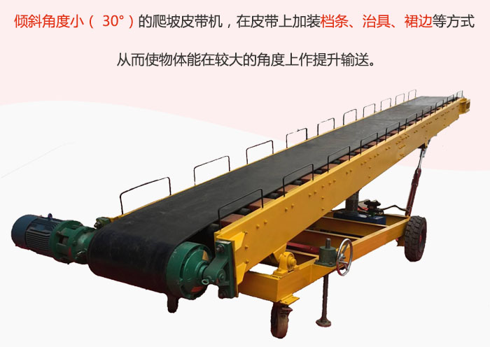 傾斜角度?。?30°）的爬坡皮帶機(jī)，在皮帶上加裝檔條、治具、裙邊等方式從而使物體能在較大的角度上作提升輸送。